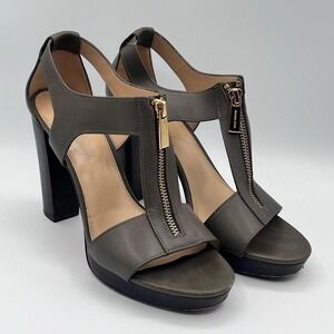 Michael Kors T-Strap Platform‎ Heels Taupe Leather Gold Zip Women's 8M